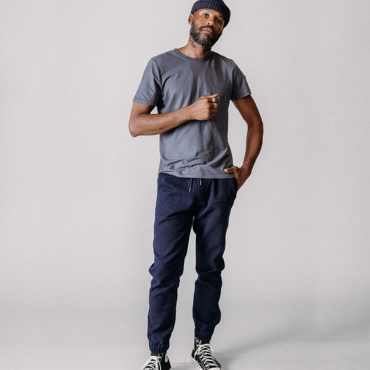 The Apres Pant Rinsed Indigo Sashiko