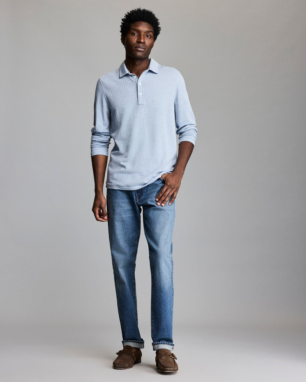 Long-Sleeve Herringbone Polo Blue Fog