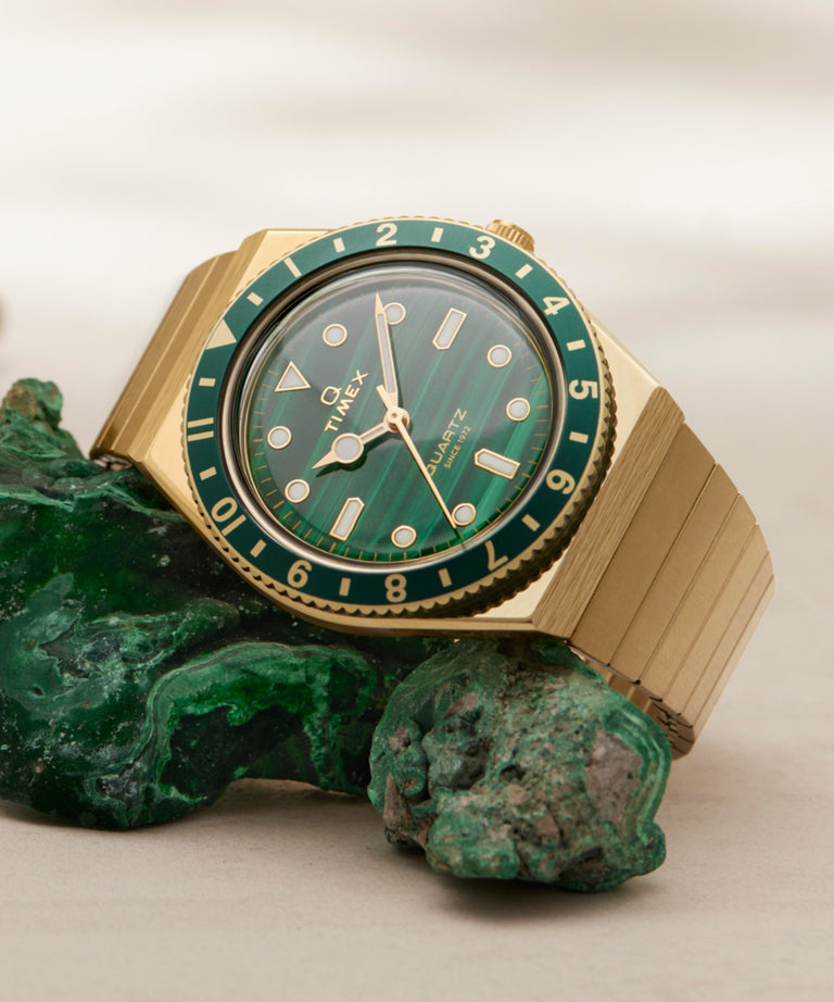 Diver Inspired Q Gold-tone Case and Expansion Band with Malachite Dial