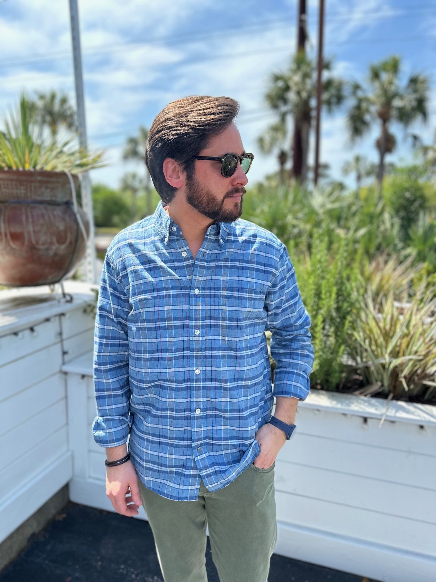 Classic Button Down Collar L/S Shirt Blue Plaid