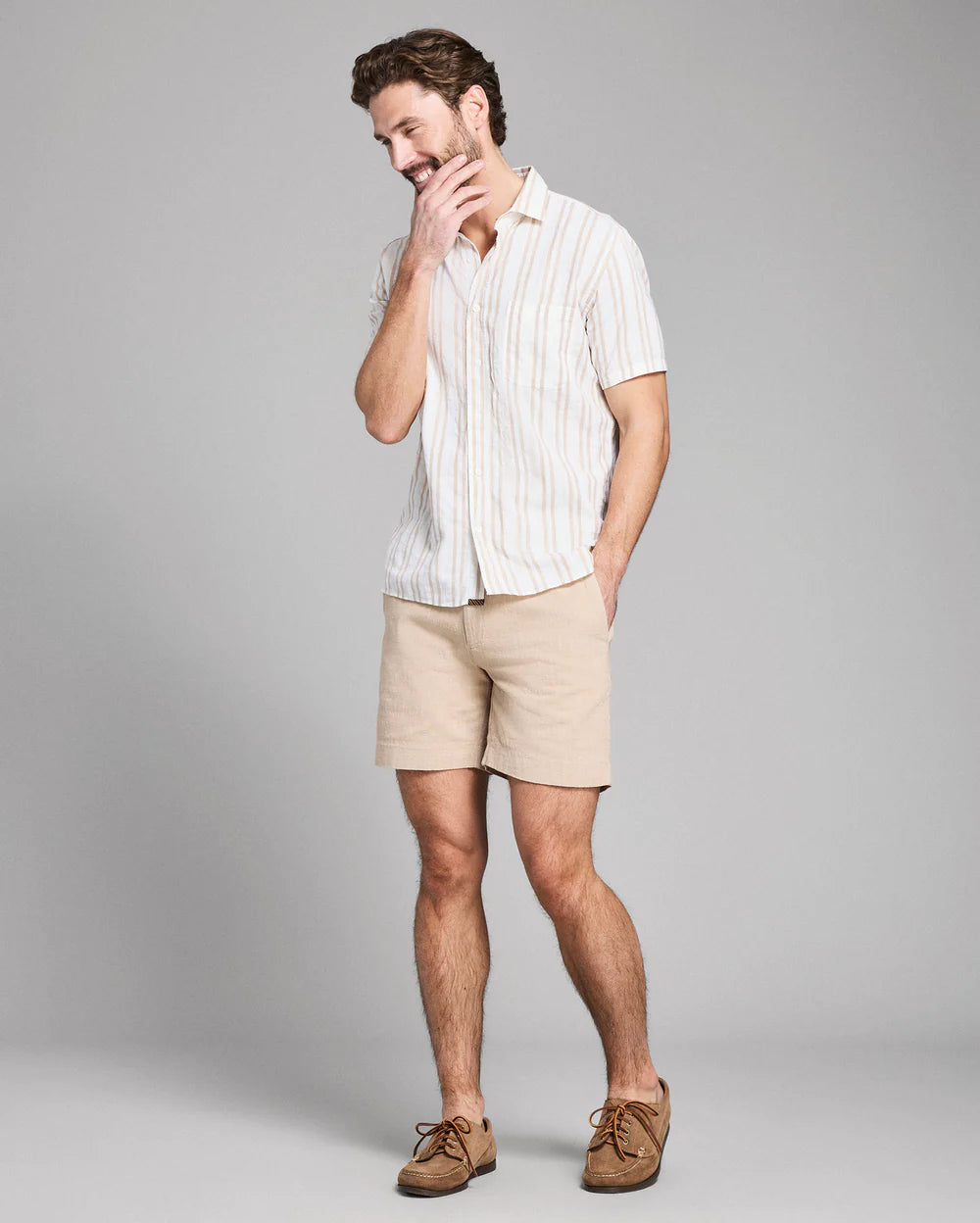 Short Sleeve Textured Dobby Stripe Contrast Treme Tinted White/Khaki