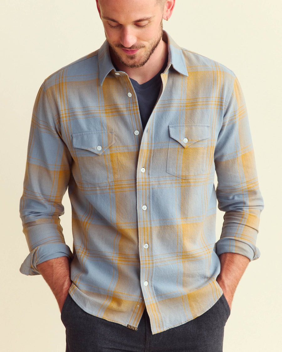 Large Scale Plaid Western Shirt Faded Denim