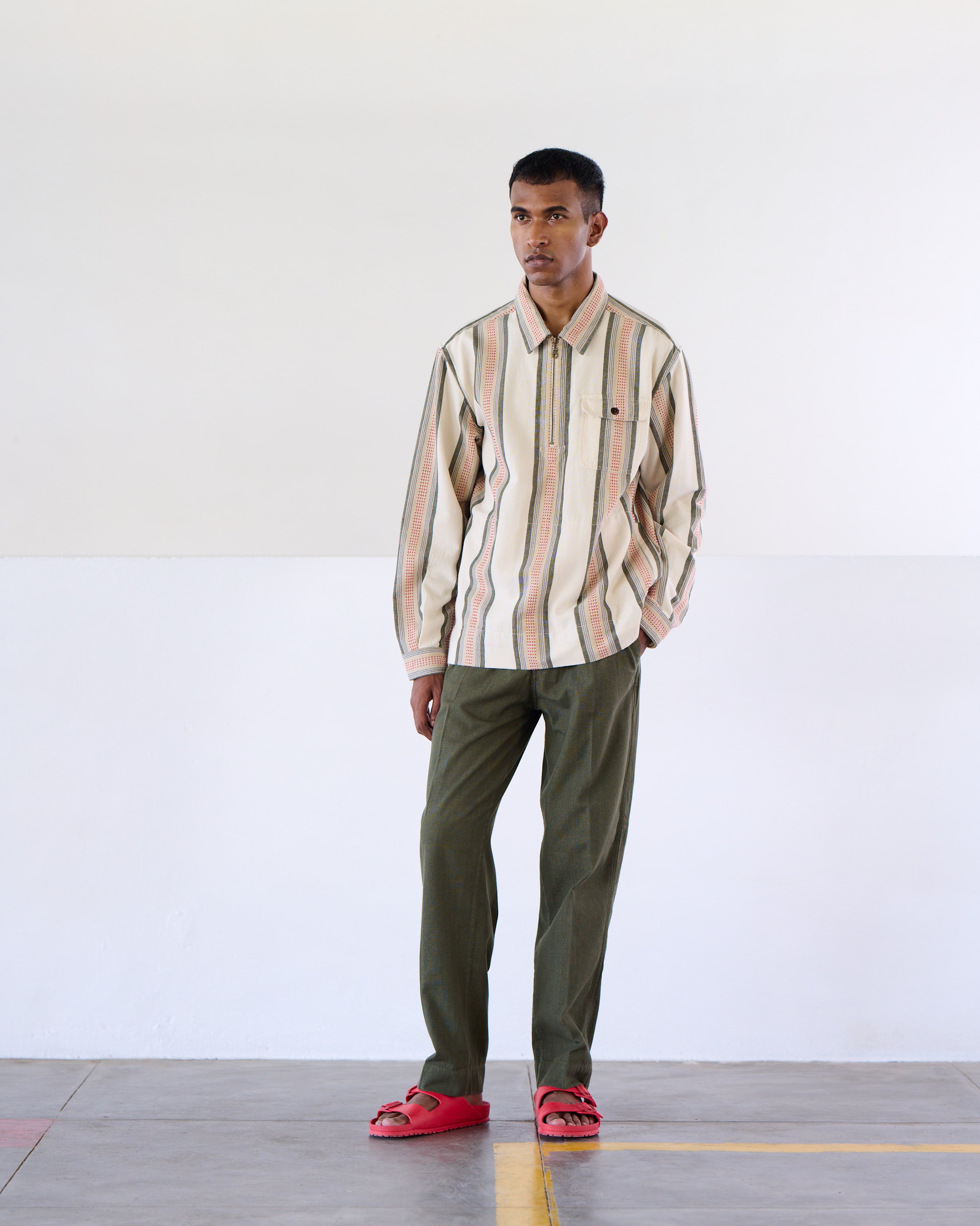 Collared Half Zip L/S Shirt Orange Green Stripe
