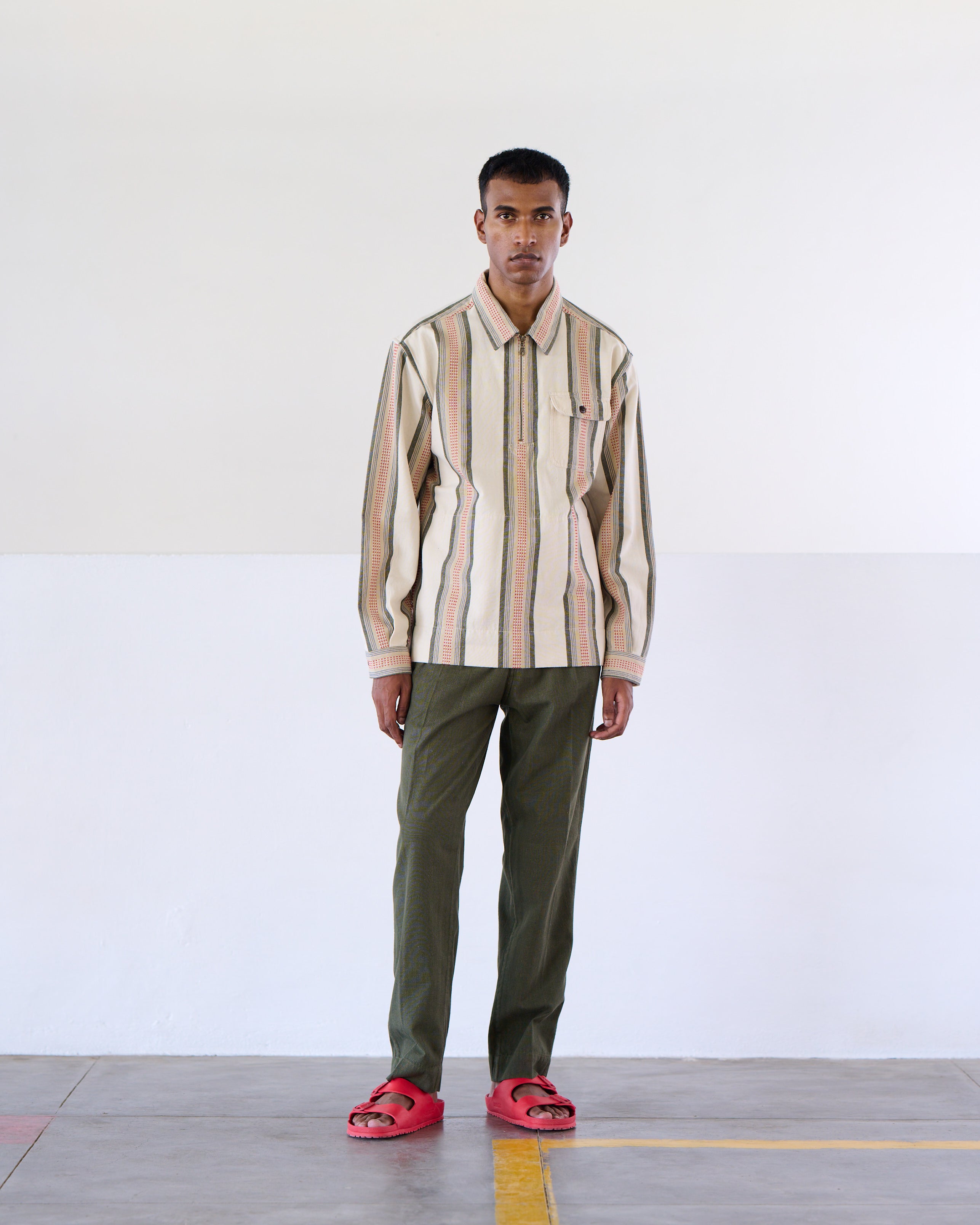 Collared Half Zip L/S Shirt Orange Green Stripe