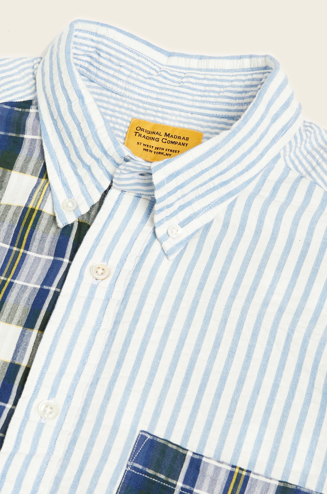 Contrasting Parts Button Down Collar L/S Shirt Blue Check/Blue Stripe