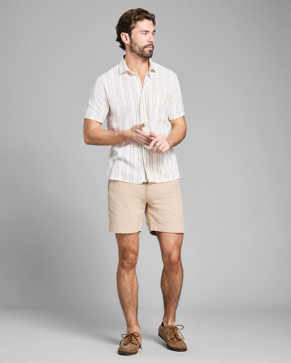 Short Sleeve Textured Dobby Stripe Contrast Treme Tinted White/Khaki
