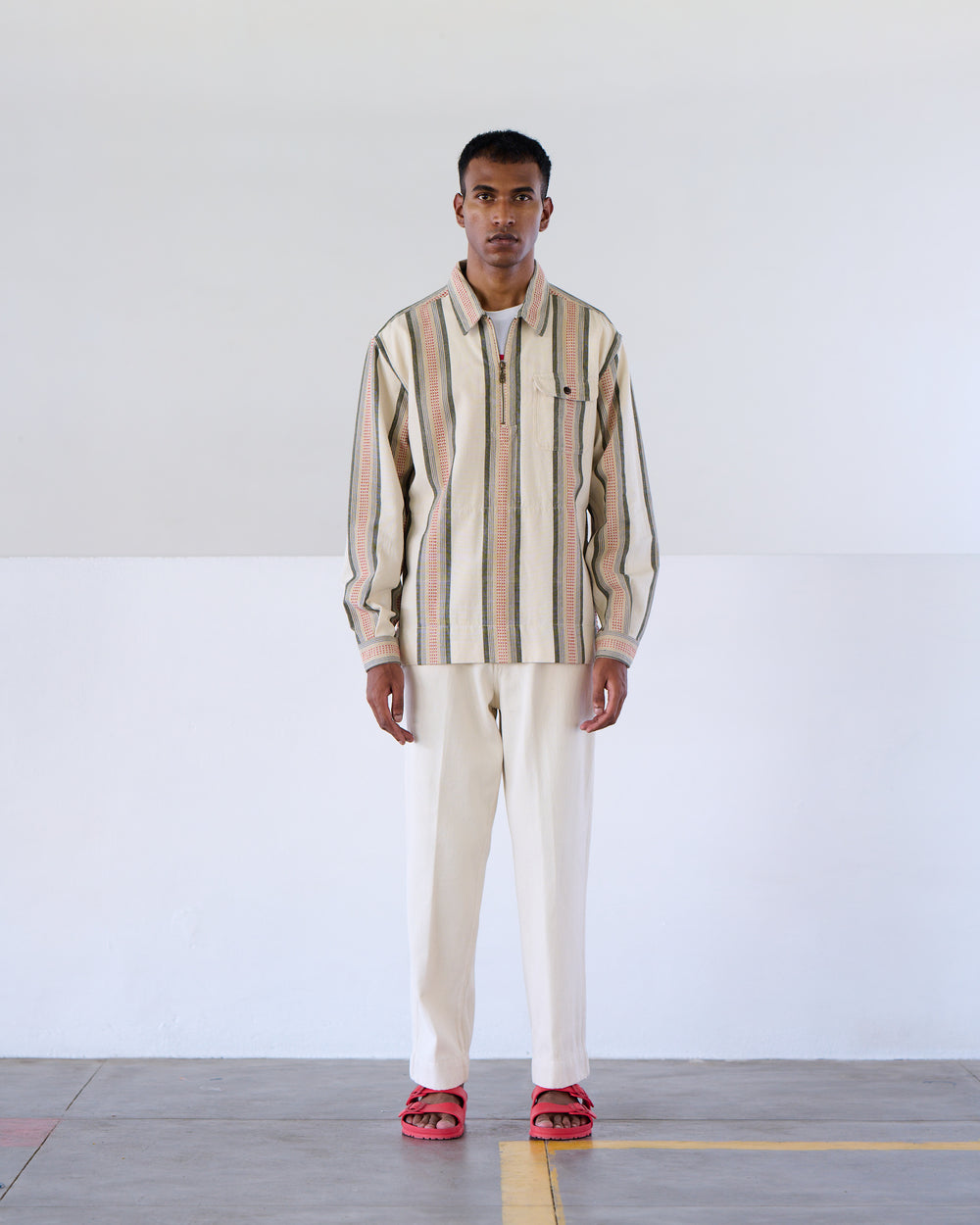 Collared Half Zip L/S Shirt Orange Green Stripe