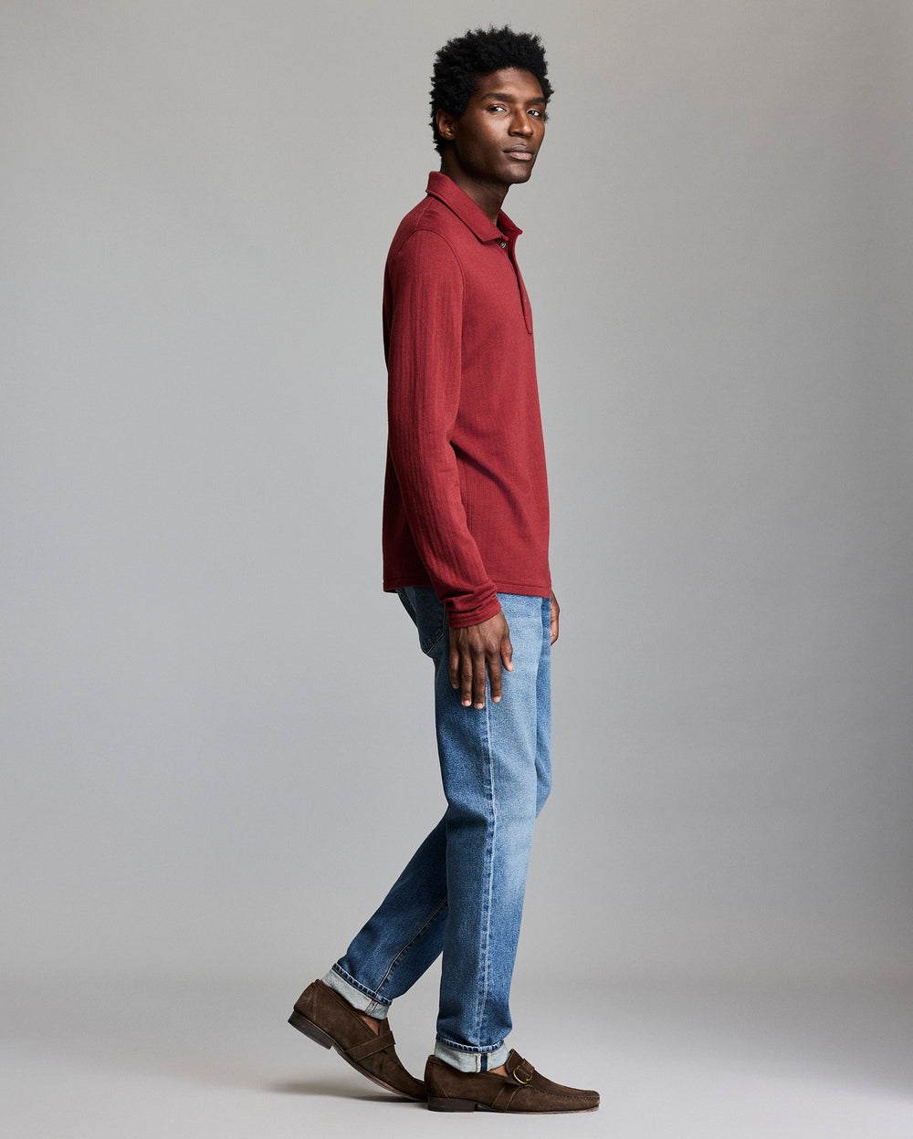 Long-Sleeve Herringbone Polo Syrah