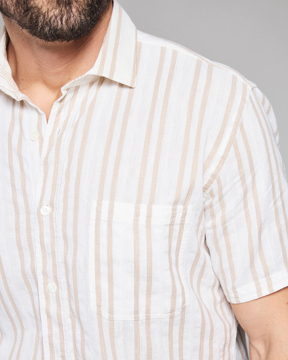 Short Sleeve Textured Dobby Stripe Contrast Treme Tinted White/Khaki