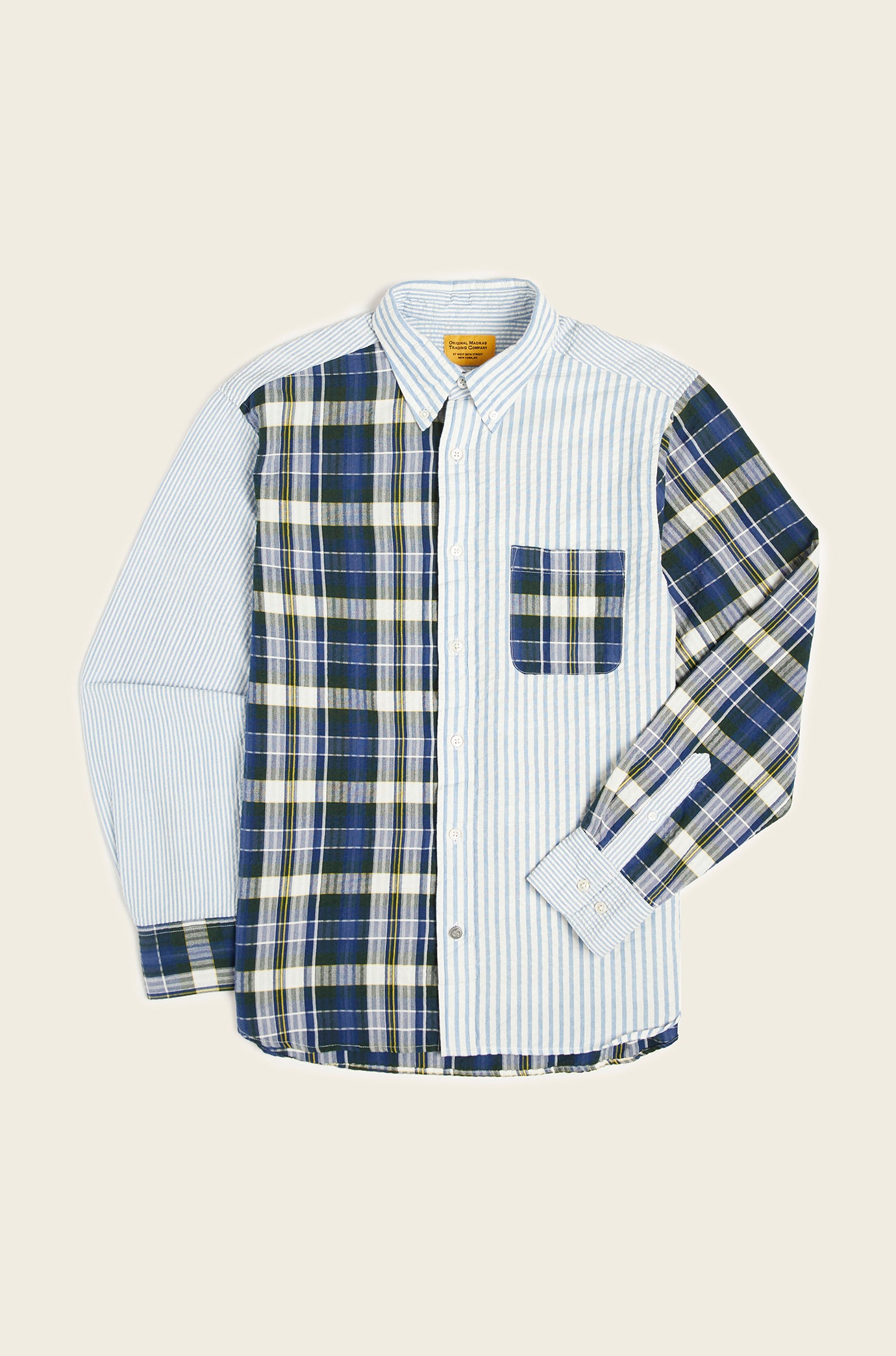 Contrasting Parts Button Down Collar L/S Shirt Blue Check/Blue Stripe