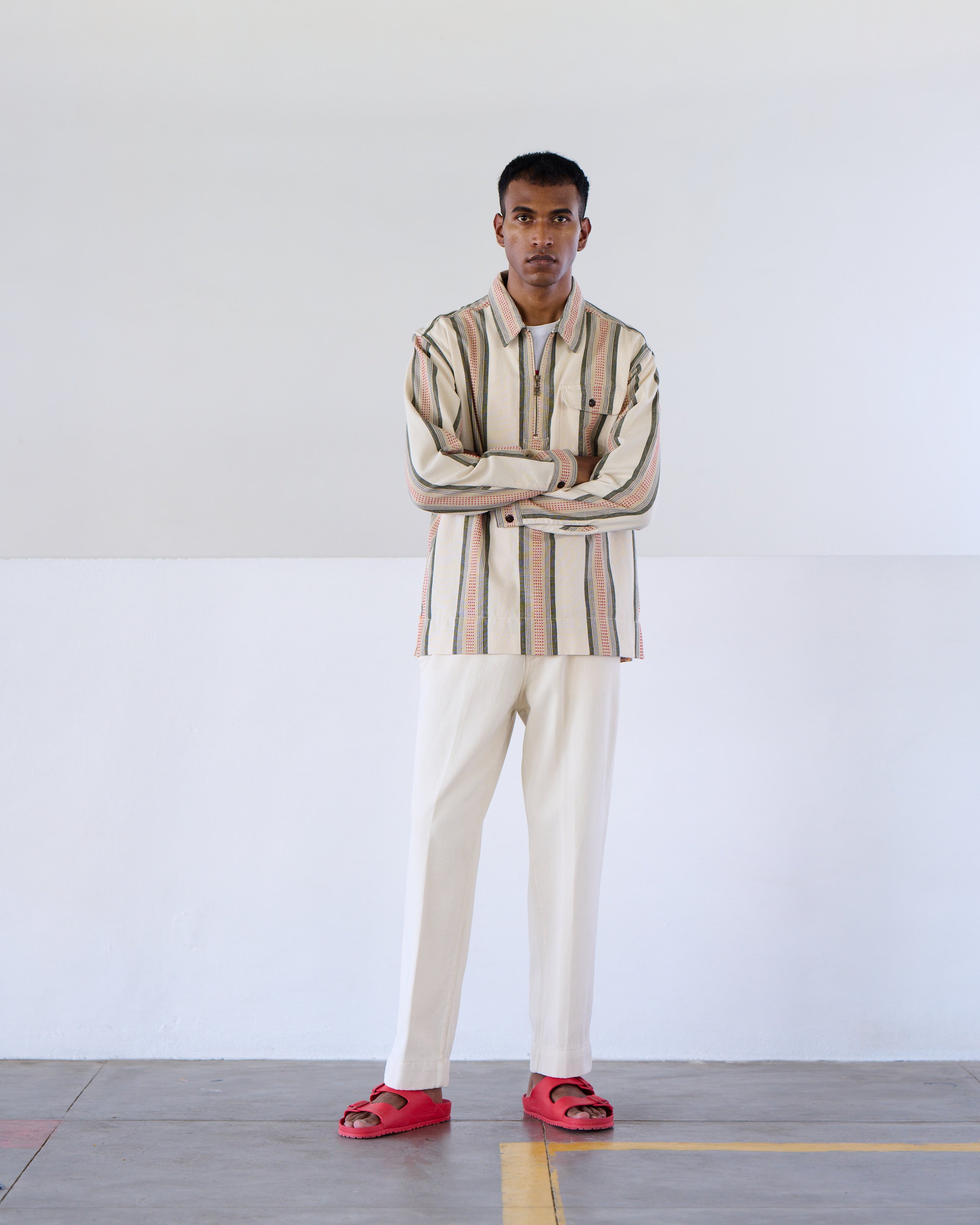 Collared Half Zip L/S Shirt Orange Green Stripe