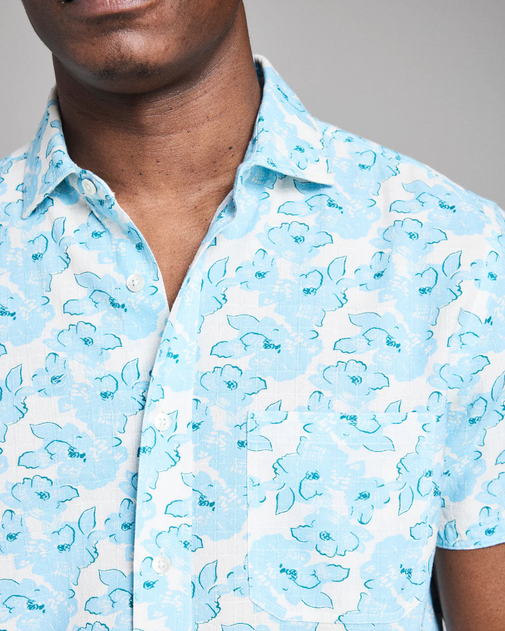 Short Sleeve Textured Painted Floral Treme Shirt Sky Blue Multi