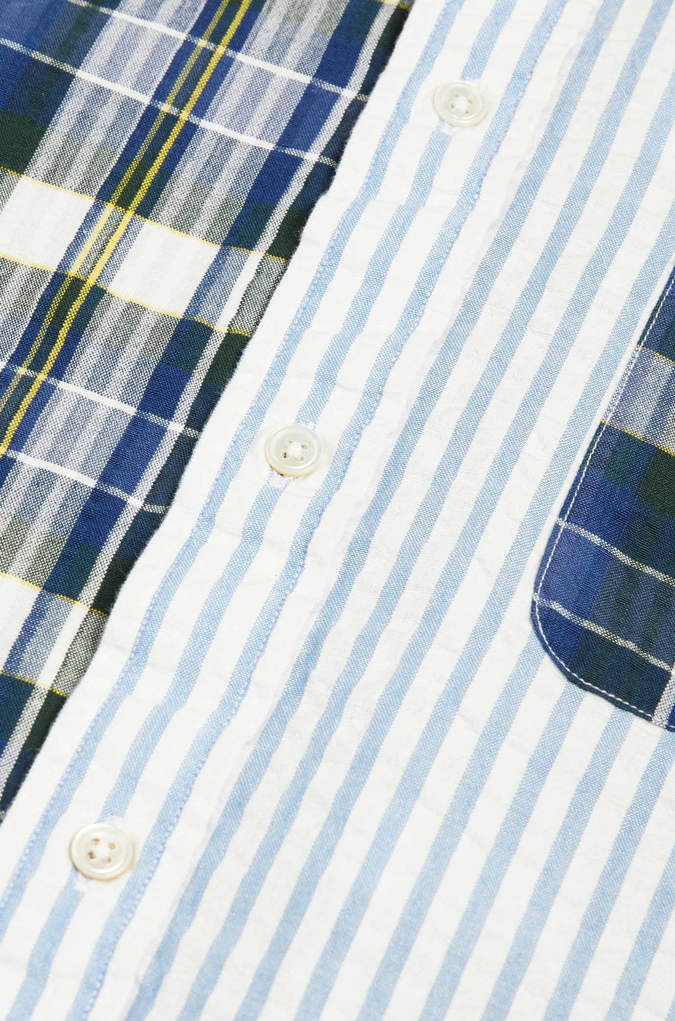 Contrasting Parts Button Down Collar L/S Shirt Blue Check/Blue Stripe