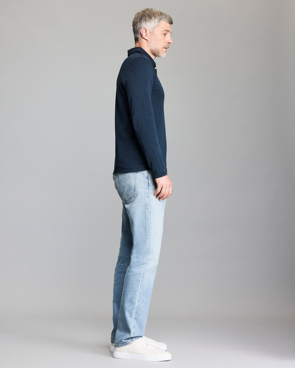 Long-Sleeve Herringbone Polo Carbon Blue