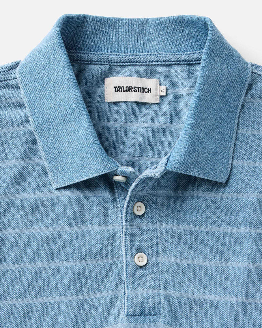 The Pacific Polo Washed Indigo Pique Stripe
