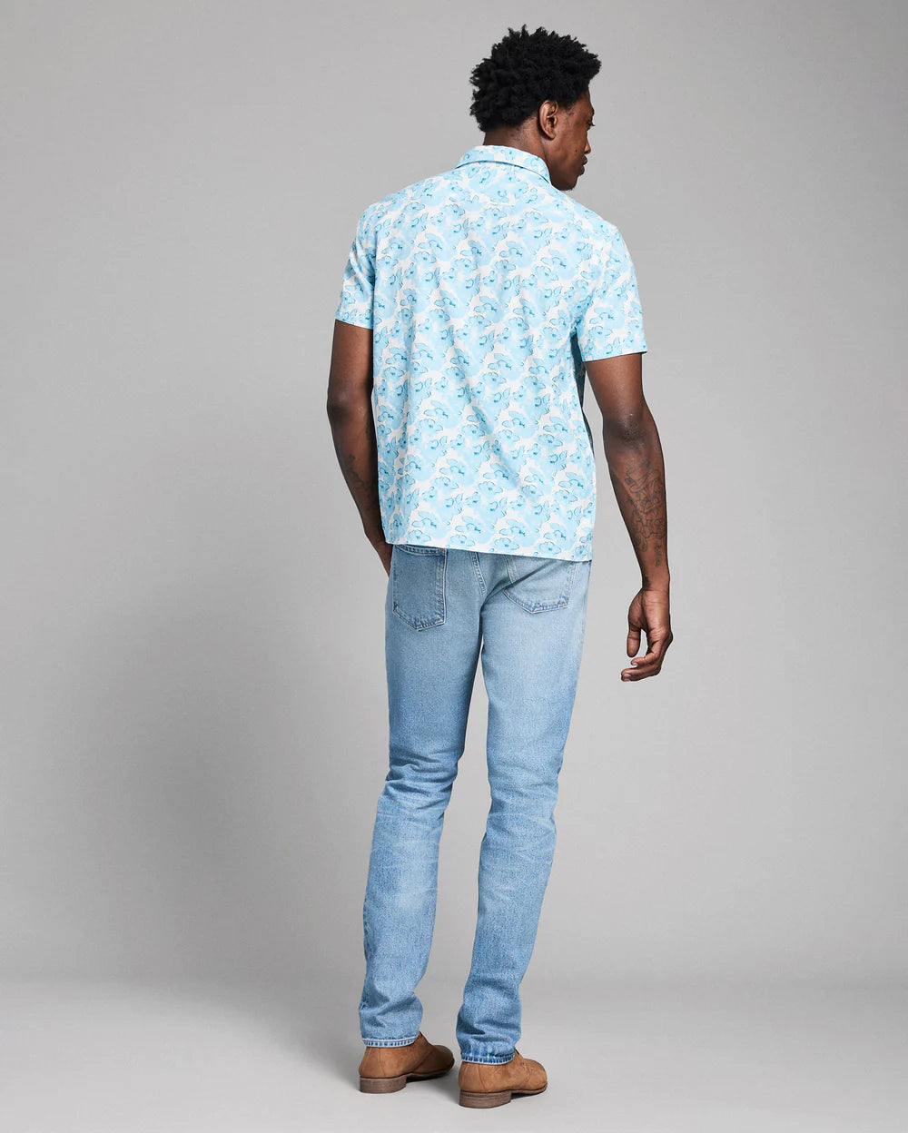 Short Sleeve Textured Painted Floral Treme Shirt Sky Blue Multi