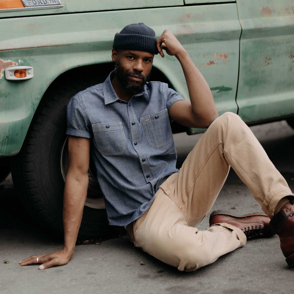 The Short Sleeve Utility Shirt Indigo Selvedge Chambray