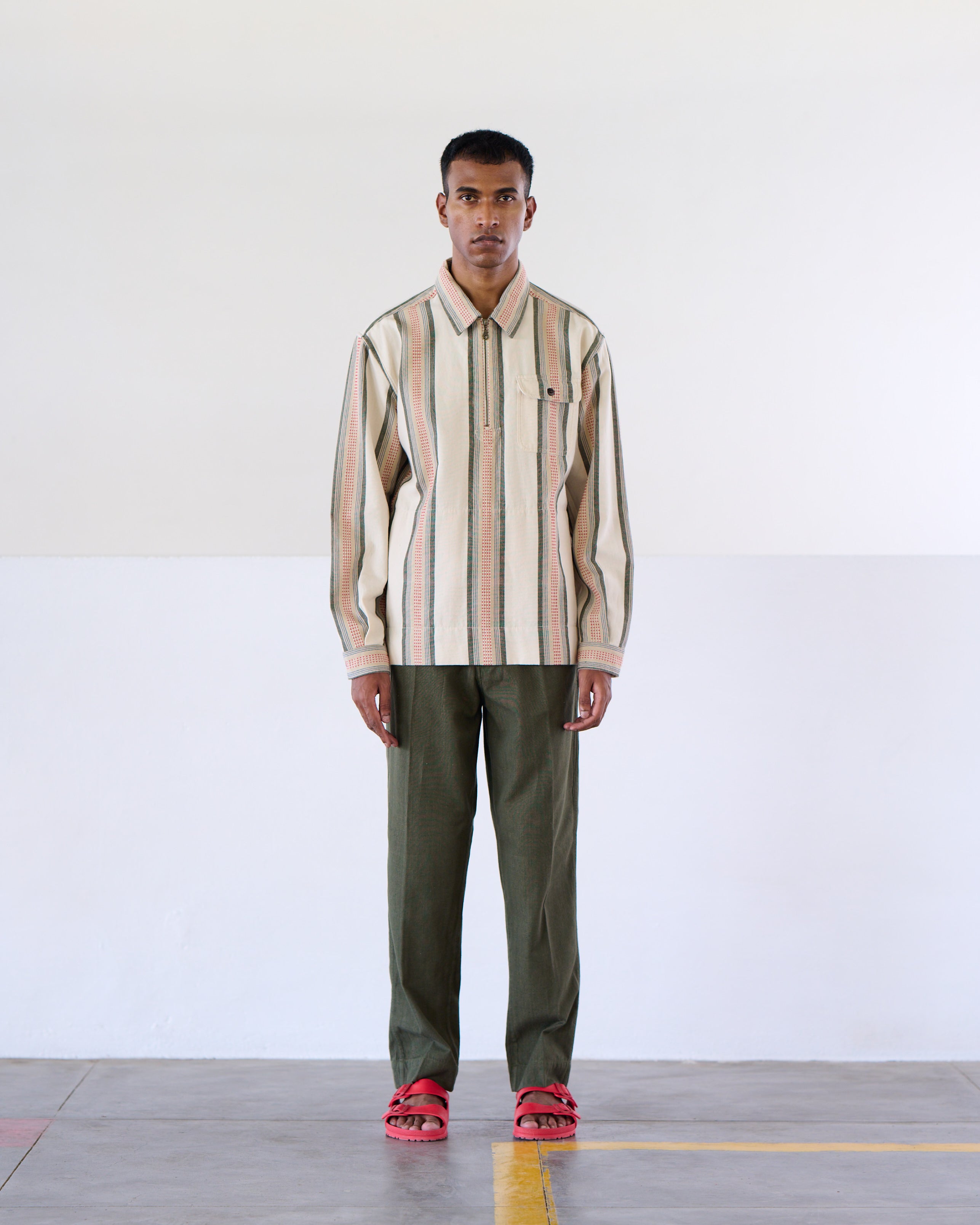 Collared Half Zip L/S Shirt Orange Green Stripe