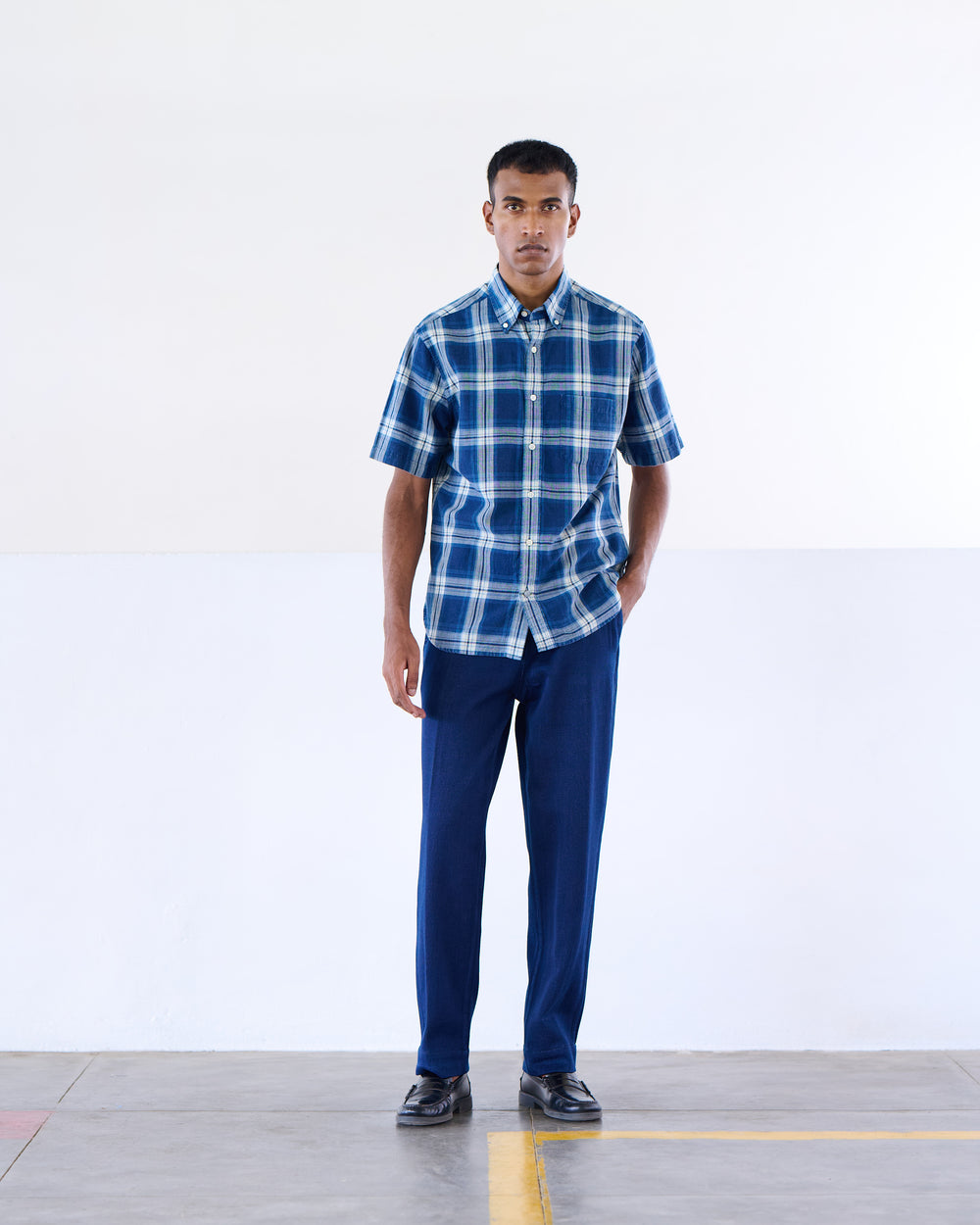 Classic Button Down Collar S/S Shirt Navy White Check