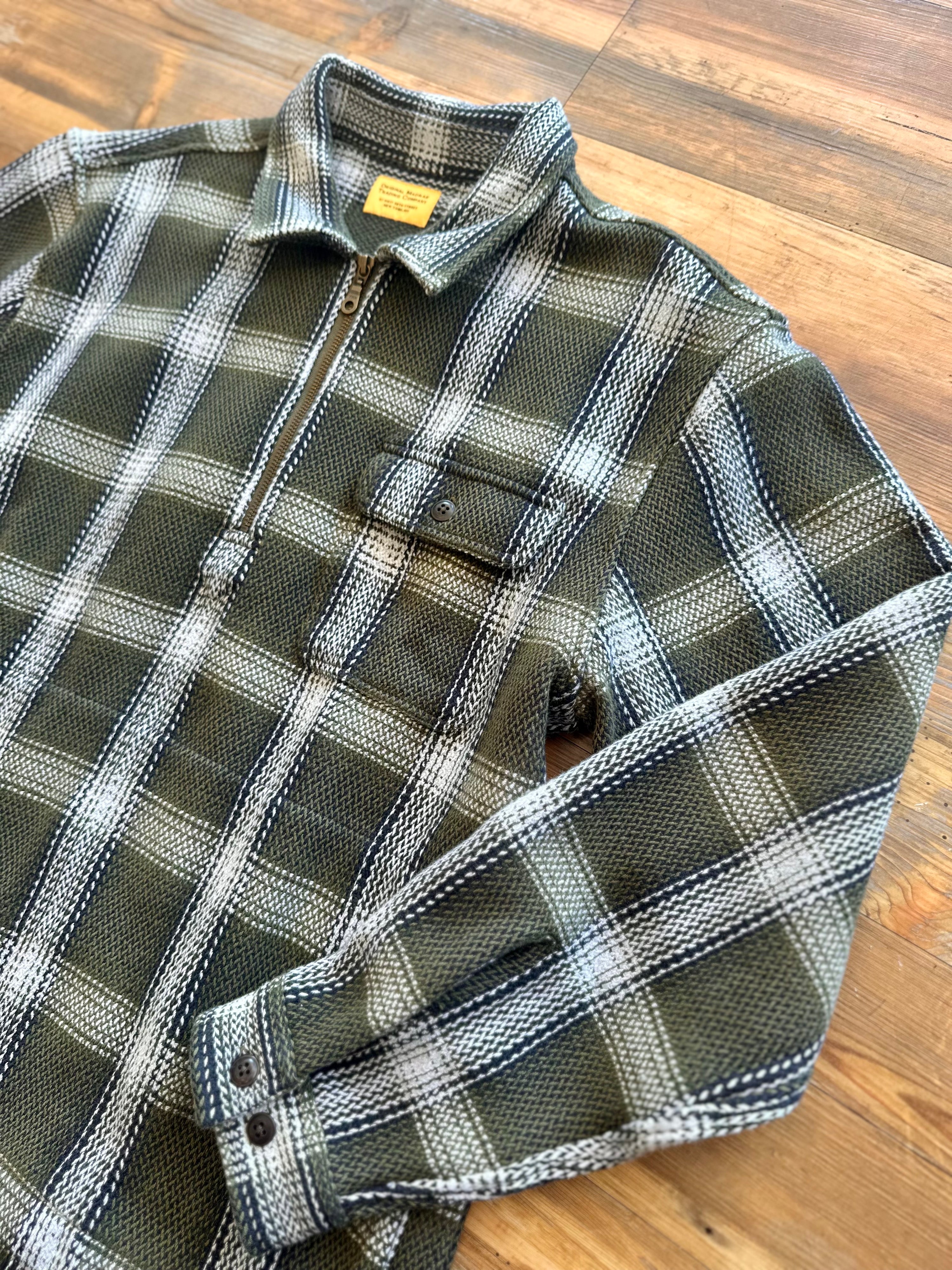 Collared Half Zip Dark Green Plaid