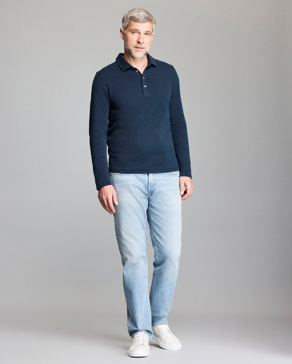 Long-Sleeve Herringbone Polo Carbon Blue