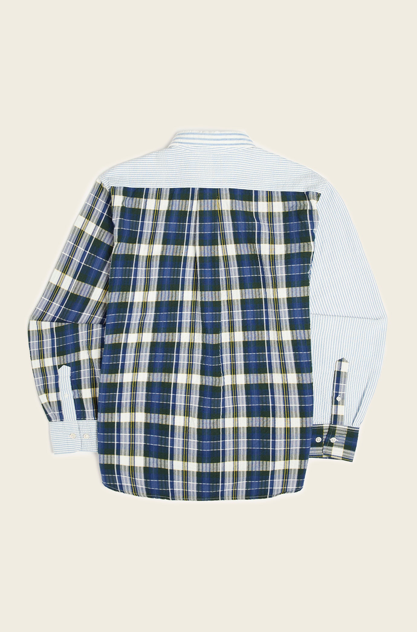Contrasting Parts Button Down Collar L/S Shirt Blue Check/Blue Stripe