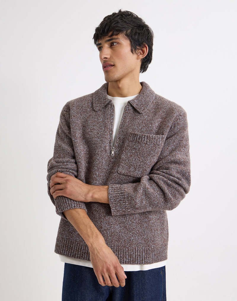Alpha Zip L/S Polo Brown/Grey
