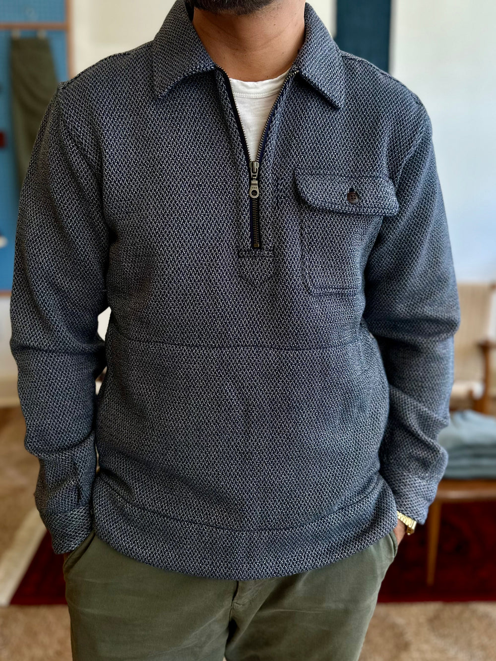 Collared Half Zip Navy Herringbone
