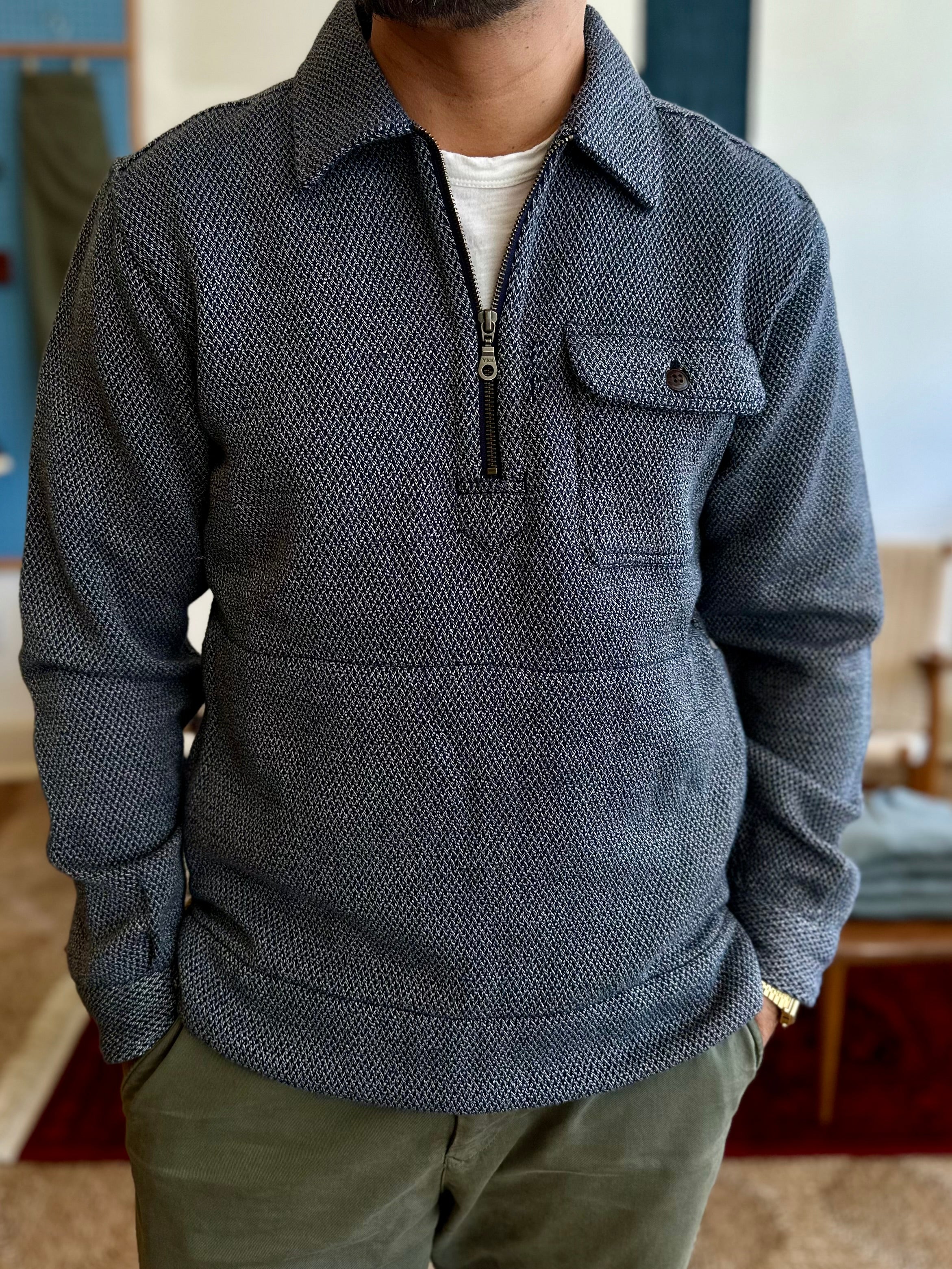 Collared Half Zip Navy Herringbone