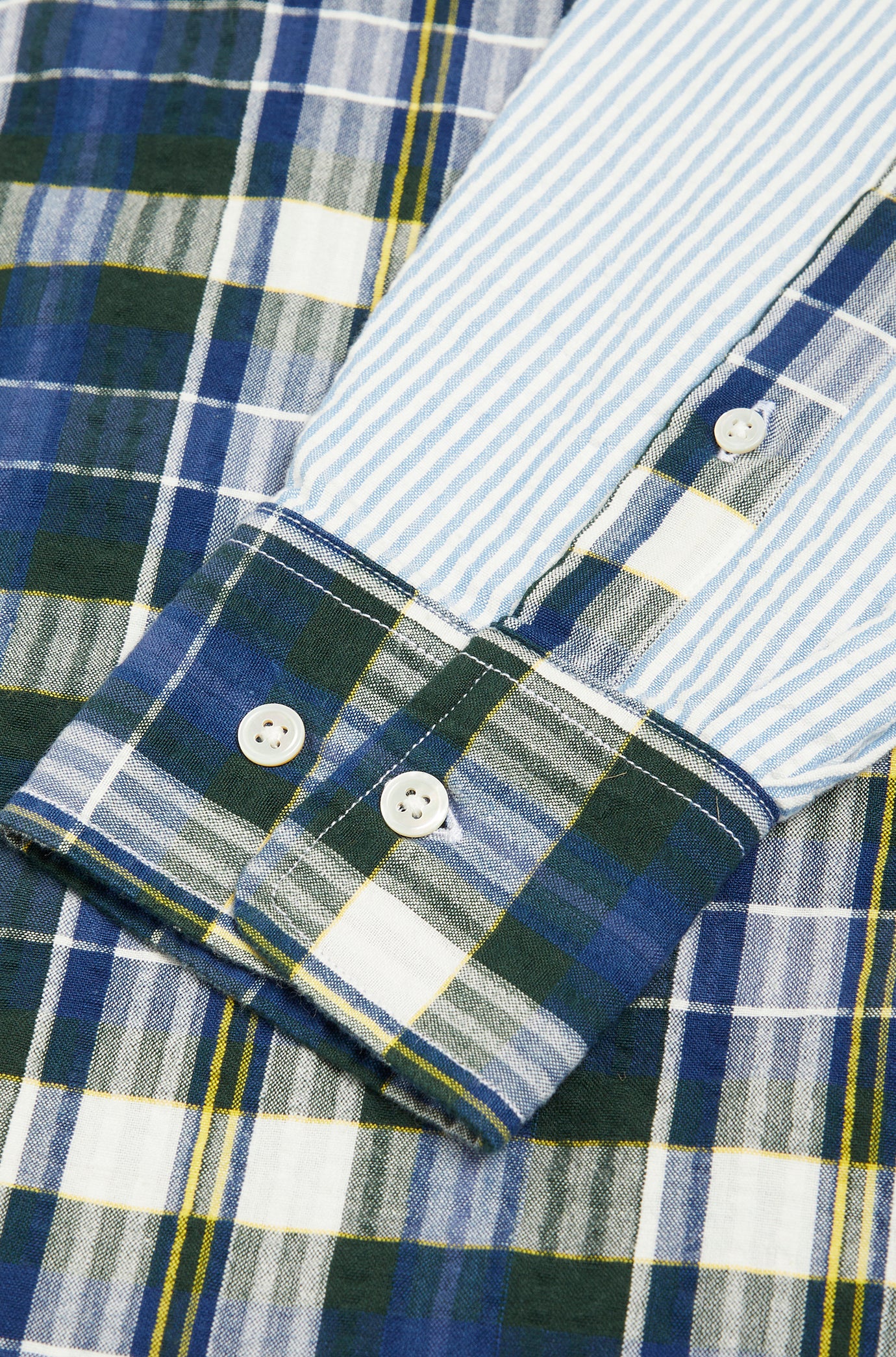 Contrasting Parts Button Down Collar L/S Shirt Blue Check/Blue Stripe