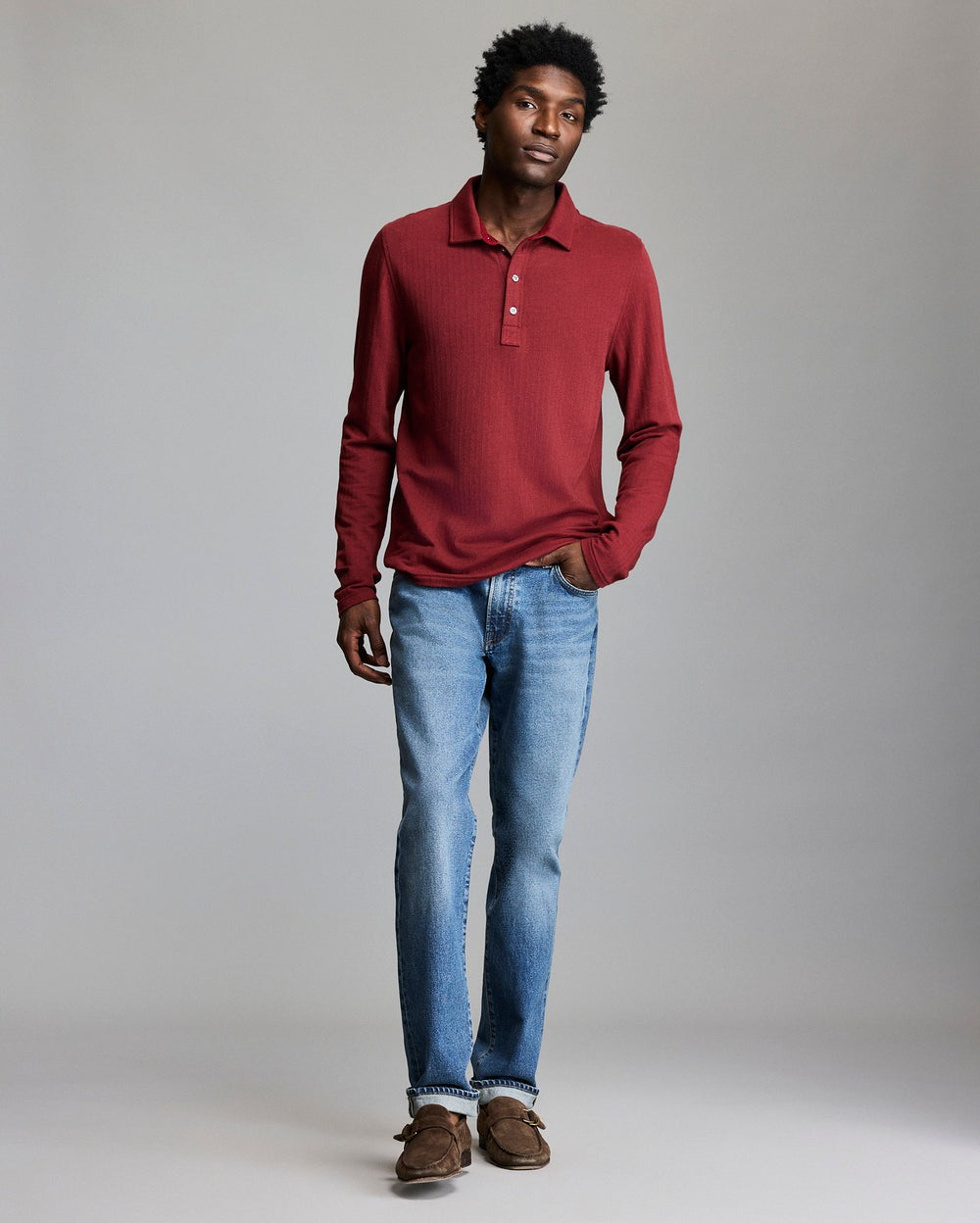 Long-Sleeve Herringbone Polo Syrah
