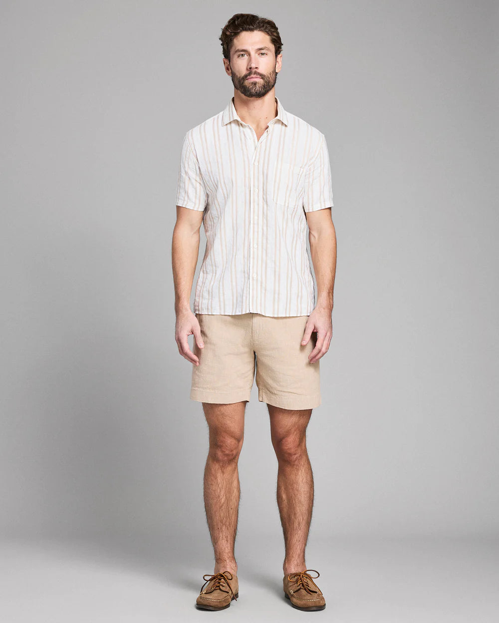 Short Sleeve Textured Dobby Stripe Contrast Treme Tinted White/Khaki
