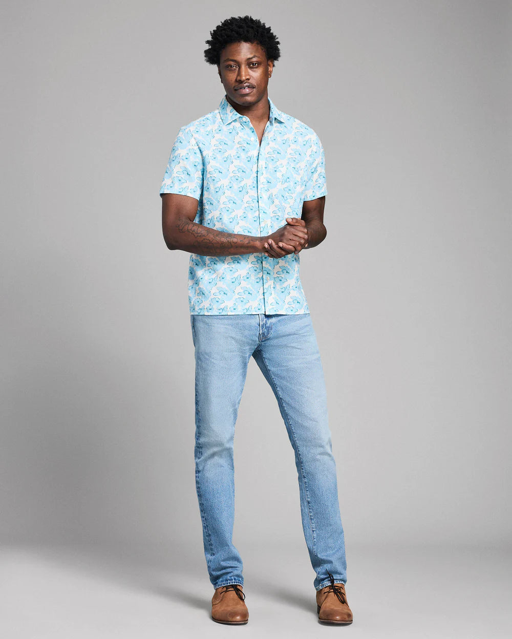 Short Sleeve Textured Painted Floral Treme Shirt Sky Blue Multi
