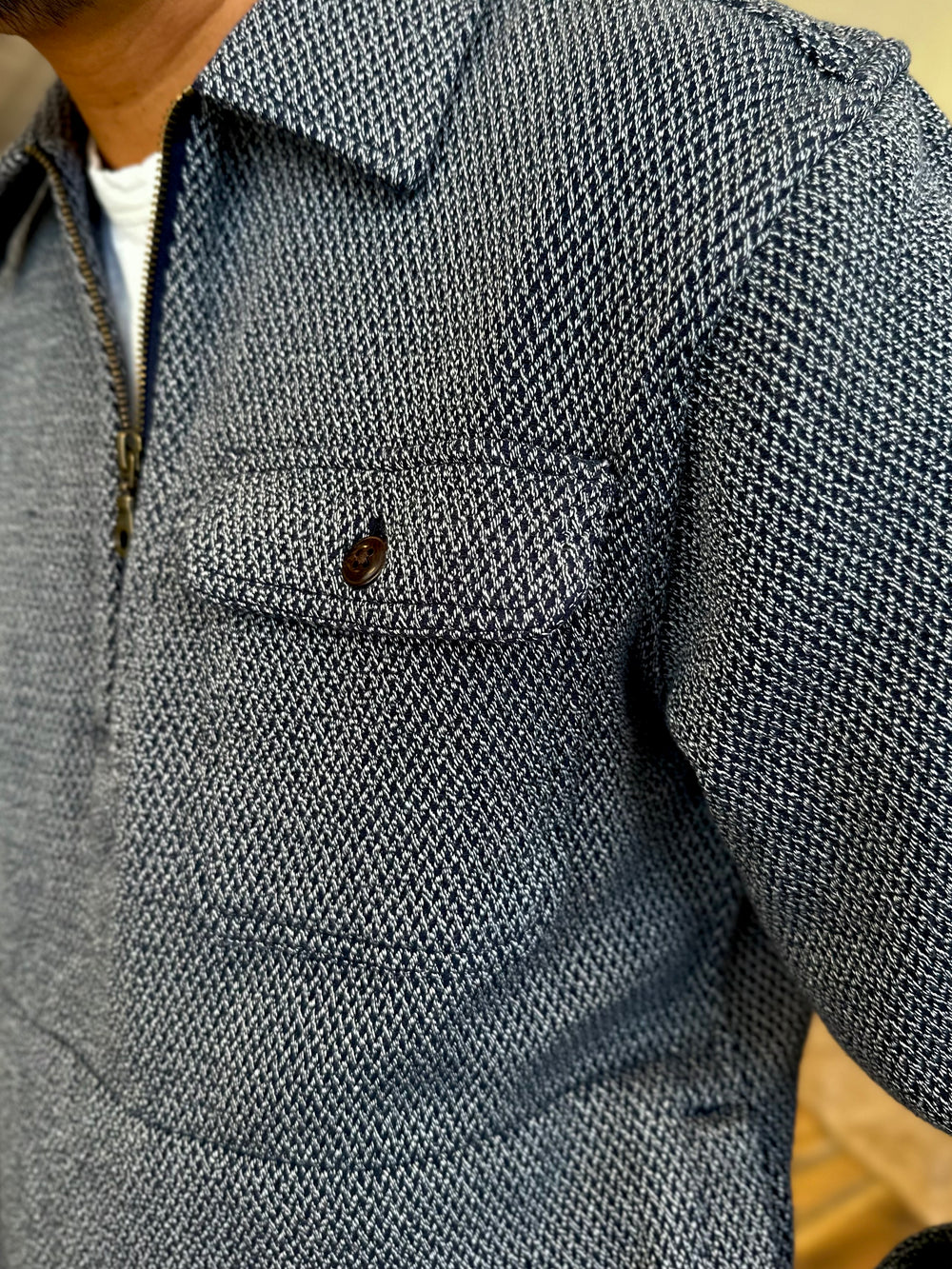 Collared Half Zip Navy Herringbone