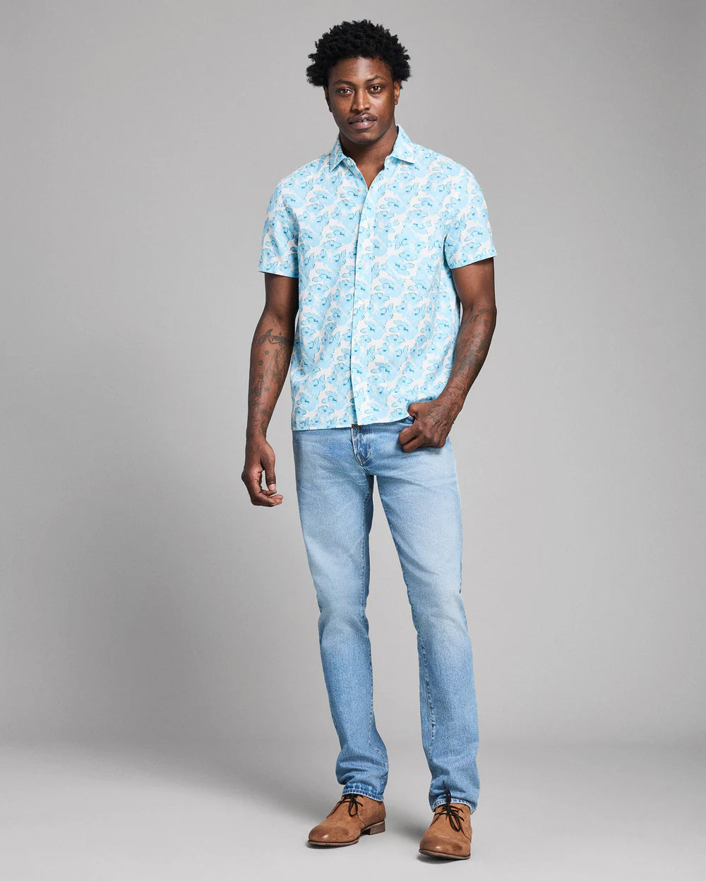 Short Sleeve Textured Painted Floral Treme Shirt Sky Blue Multi