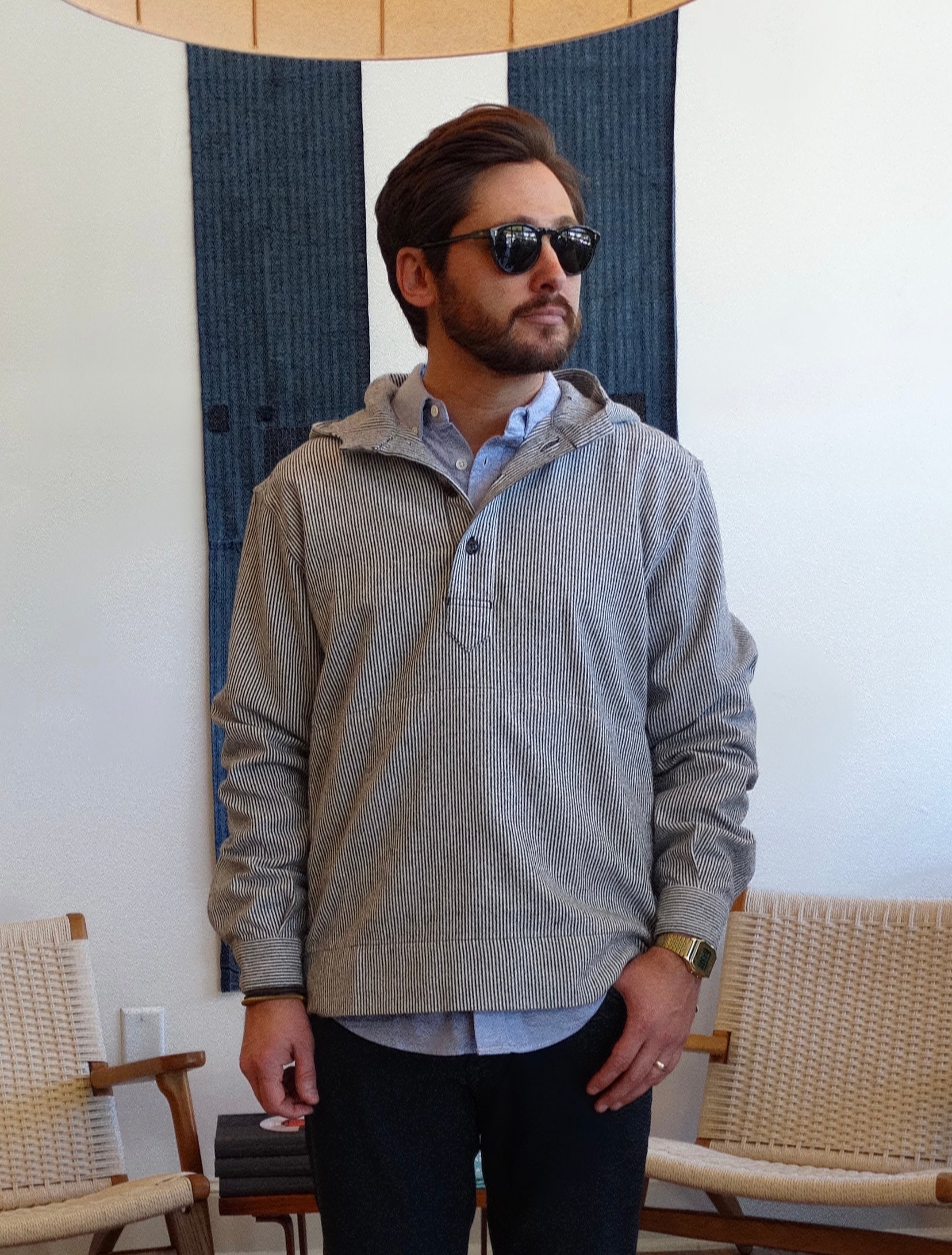 Hooded Half Placket Navy/White Stripe