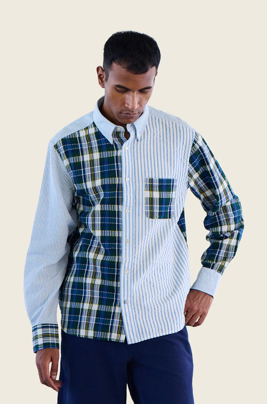 Contrasting Parts Button Down Collar L/S Shirt Blue Check/Blue Stripe